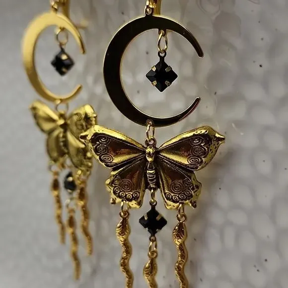 Gold Butterfly Onyx Stone Dangle Earrings - Picture 3 of 5